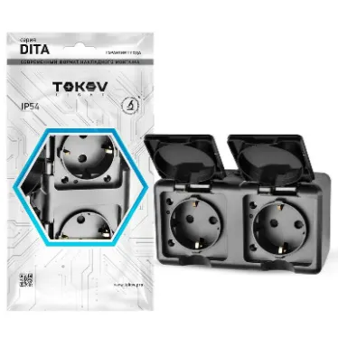Розетка 2-м ОП Dita 16А IP54 250В с заземл. с крышкой карбон TOKOV ELECTRIC TKL-DT-R2Z-C14-IP54