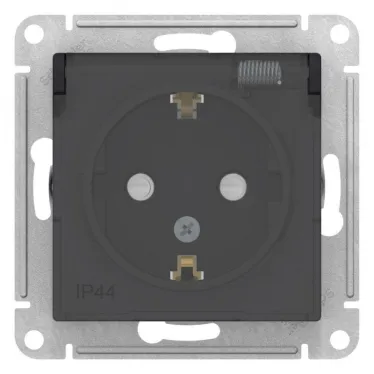 Розетка 1-м СП AtlasDesign Aqua 16А IP44 с заземл. защ. шторки с прозр. крышкой механизм карбон SE ATN441046